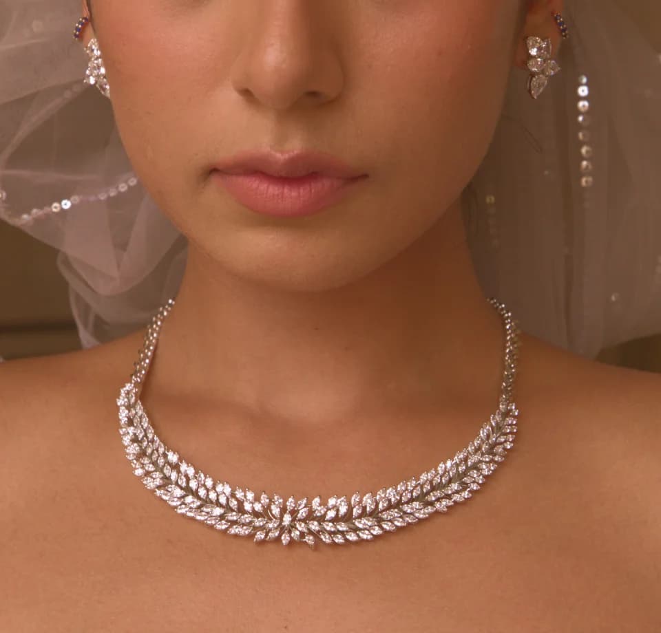 Bride wearing a Sherly Jewels diamond necklace